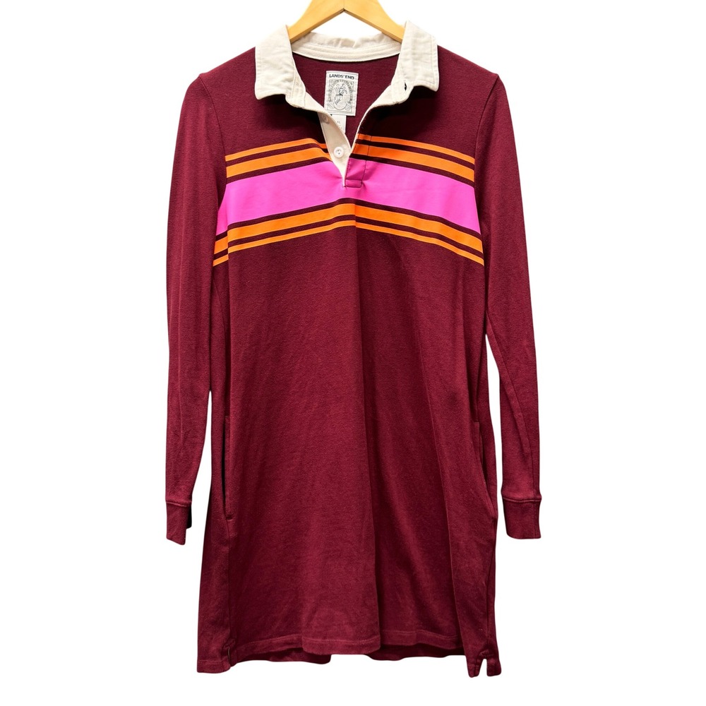 Lands' End Rugby‎ Dress Girls XL Striped Long Sleeve Burgundy Pink Stripe Preppy